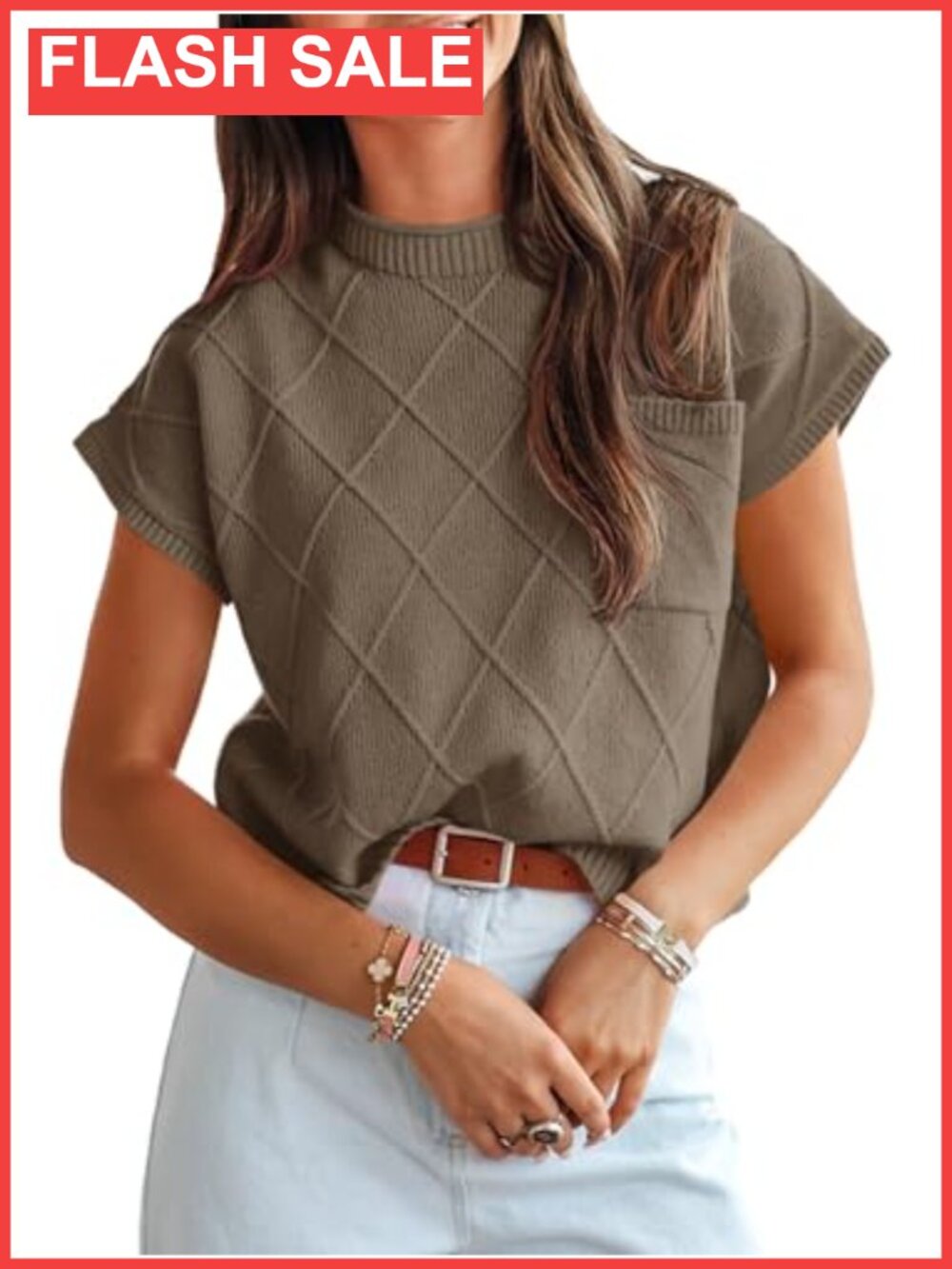 Womens Mock Neck Cap Short Sleeve Knit Sweater Vest Loose Pullover